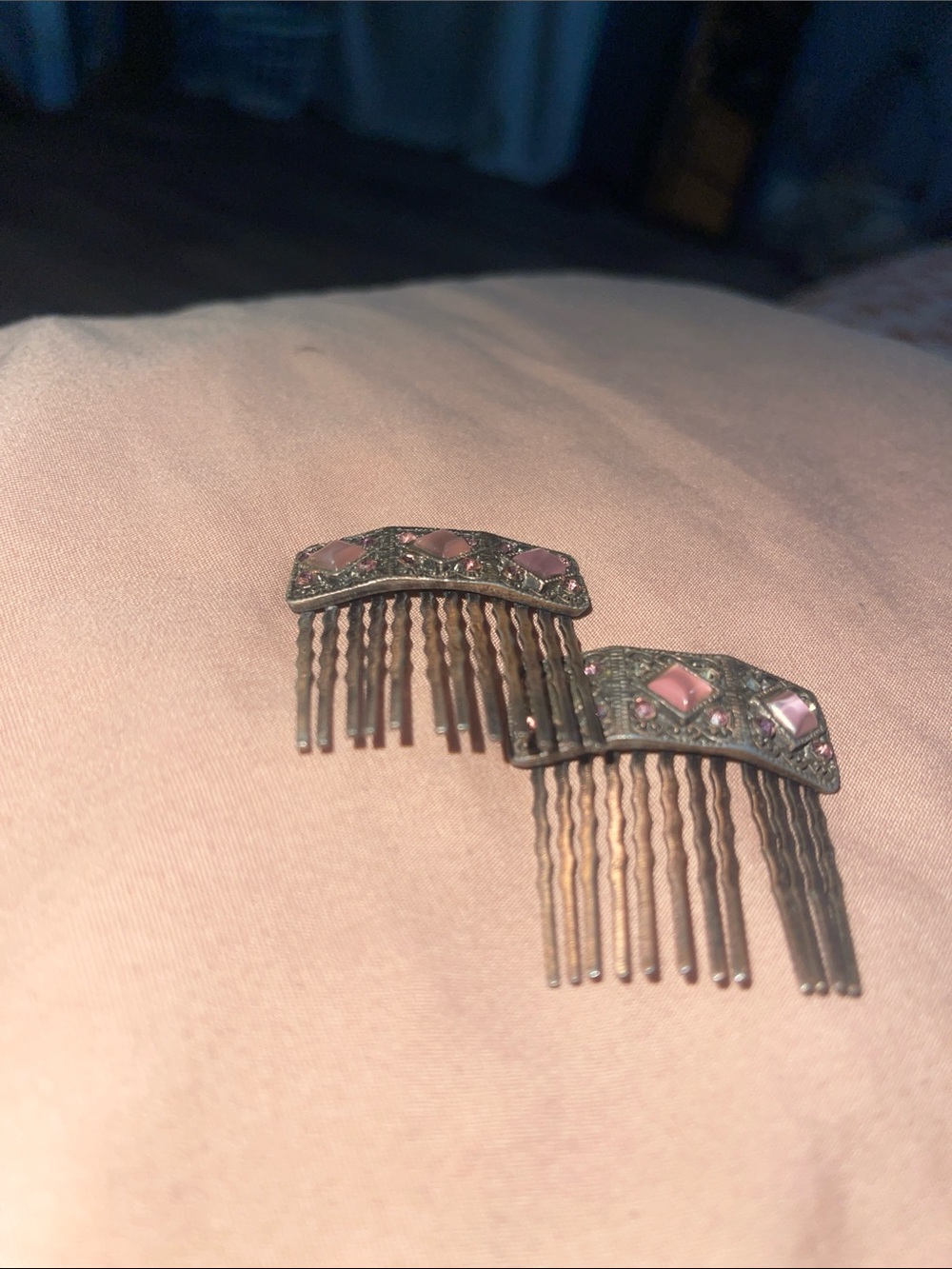 Vintage Delicate Pink Stone Decorative Hair Combs - Set of 2